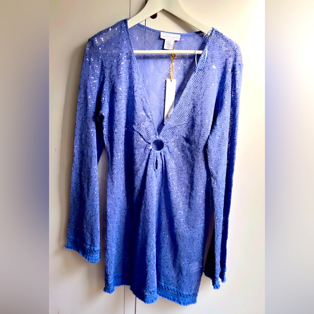 NWT House of Harlow Blue Sequin Crochet Cover-Up
Dress | Sheer Boho Beach Tunic